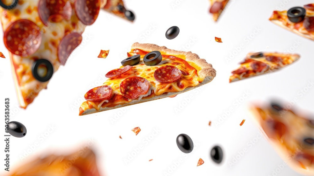 Pepperoni pizza slices and olives in flight on white background. Pepperoni pizza slices and olives in flight on white background.