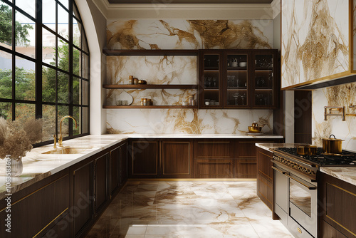 Sleek kitchen interior featuring marble countertops, dark wooden cabinets, and brass accents for a luxurious, contemporary style. home interior design  photo