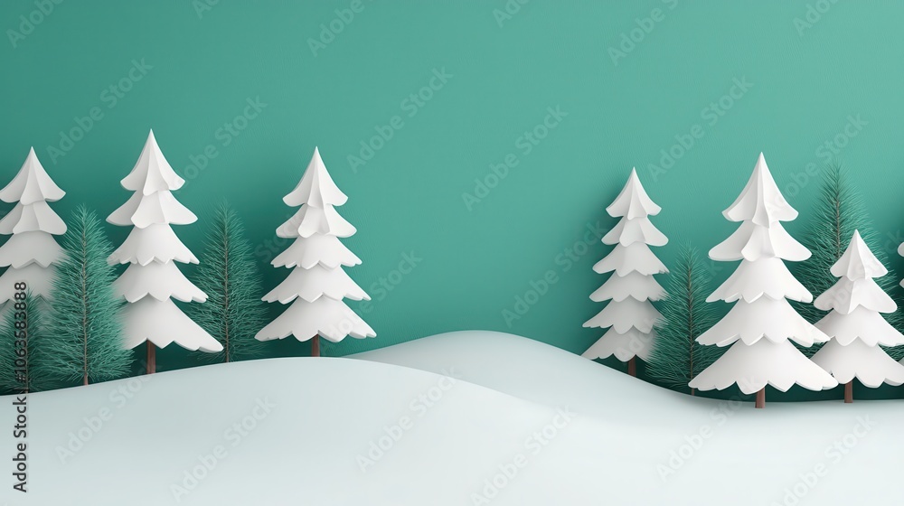 Fototapeta premium A serene winter scene featuring white paper trees on a snow-covered hill against a teal background.