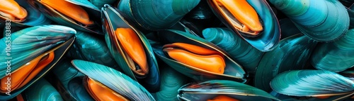 Close-up RAW Style of Fresh New Zealand green-lipped mussels, seafood delicacy photo