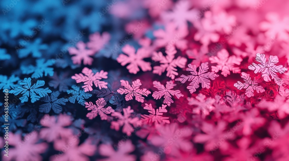 A vibrant close-up of snowflakes in shades of blue and pink, creating a mesmerizing, colorful winter scene with intricate patterns. A vibrant close-up of snowflakes in shades of blue and pink, creating a mesmerizing, colorful winter scene with intricate patterns.