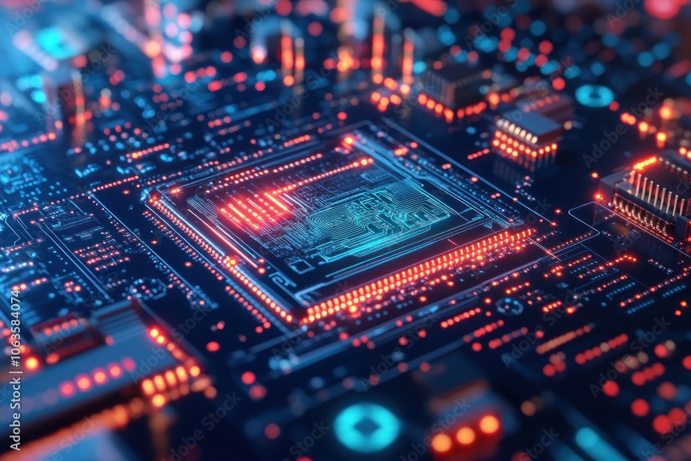 Close-up of a Circuit Board with Glowing Red and Blue Components Close-up of a Circuit Board with Glowing Red and Blue Components