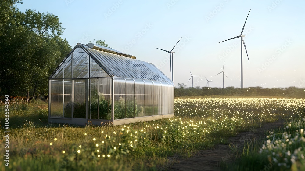 Renewable-Powered Greenhouse Amid Wind Turbines Representing Sustainable Government Initiatives Renewable-Powered Greenhouse Amid Wind Turbines Representing Sustainable Government Initiatives