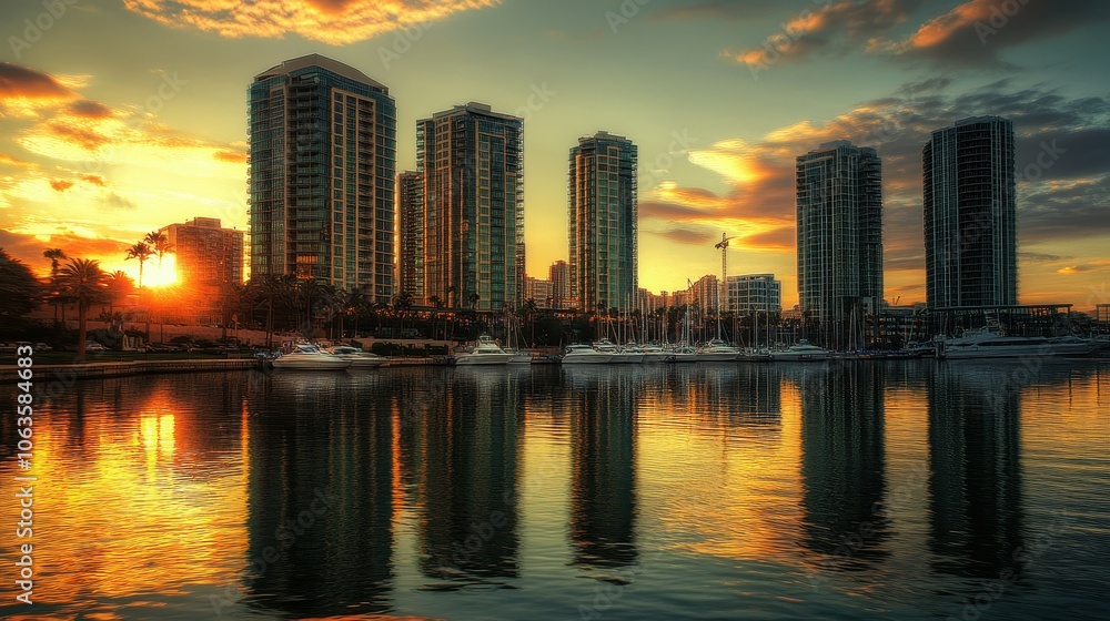 Fototapeta premium Experience the stunning beauty of a sunset reflecting on city skyscrapers by the water