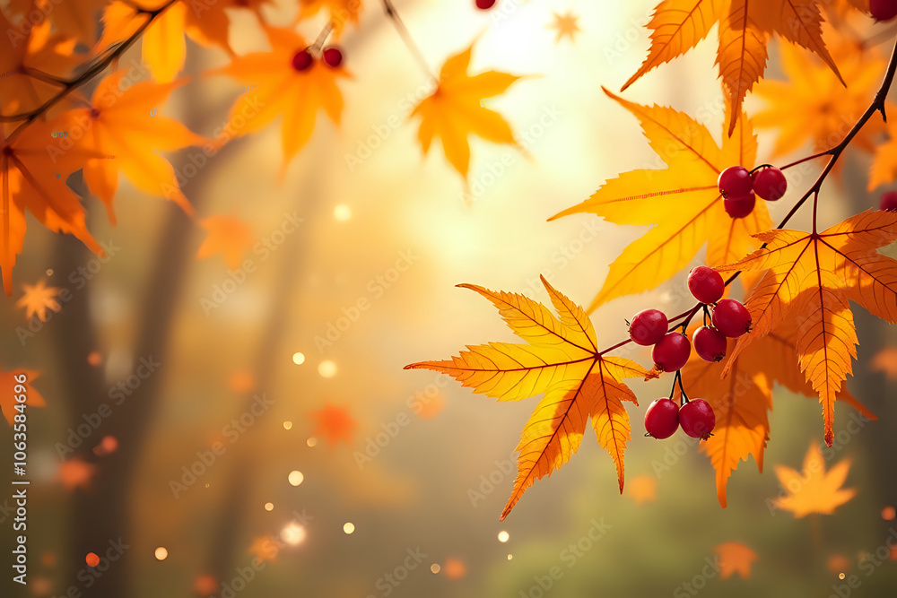 Autumn maple leaves and red berries with soft focus on background with copy space Autumn maple leaves and red berries with soft focus on background with copy space