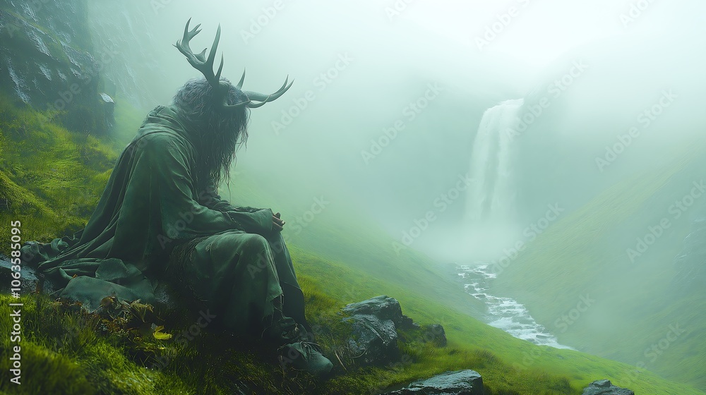 Fototapeta premium Mysterious Figure Sitting in Valley Before Waterfall in Foggy Fantasy Landscape Generative AI