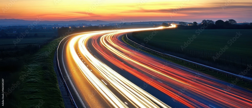 Capture aerial view of a busy highway featuring stunning light trails at night Capture aerial view of a busy highway featuring stunning light trails at night