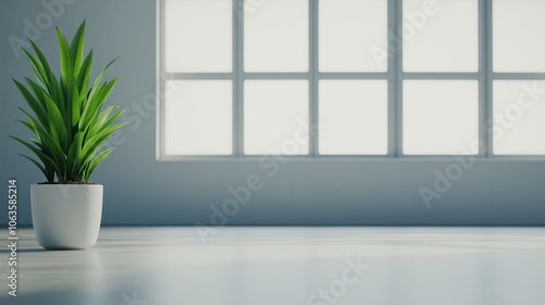 A vibrant green plant in a white pot beside a large window, casting soft shadows on the floor.