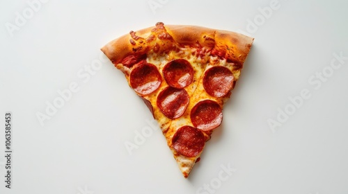 Pepperoni pizza slice isolated on white background, top view. Italian cuisine and fast food concept.