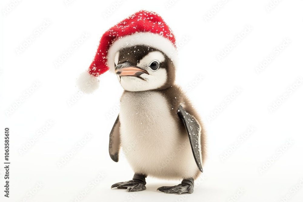 A fluffy penguin chick, adorned with a festive Santa hat sprinkled with snow, stands on a pristine white background, bringing winter and holiday cheer to life. A fluffy penguin chick, adorned with a festive Santa hat sprinkled with snow, stands on a pristine white background, bringing winter and holiday cheer to life.