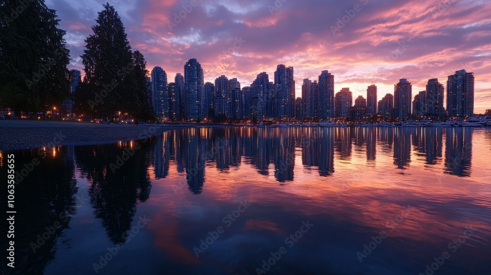 Obraz premium Captivating sunset illuminates city skyscrapers reflected in tranquil water