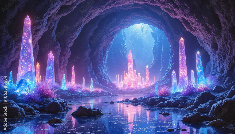 Obraz premium Mystical cave adorned with colorful crystal formations and luminescent plants reflected in tranquil water