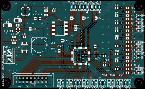 Vector printed circuit board of electronic device with components of radio elements, conductors and contact pads placed on pcb. Engineering technical educational drawing. Computer technic cad design.