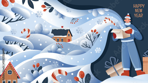 A guy holds a magic box from which a winter landscape appears. New Year's illustration for a card, postcard, poster.