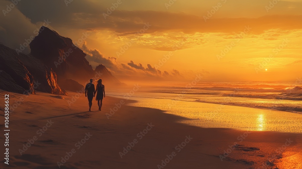 Couple enjoys romantic stroll on empty beach at sunset for perfect getaway Couple enjoys romantic stroll on empty beach at sunset for perfect getaway