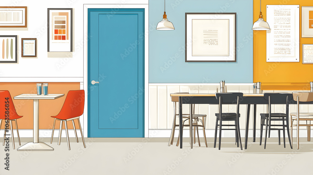 Empty cafe interior with tables, chairs, and a blue door. Empty cafe interior with tables, chairs, and a blue door.