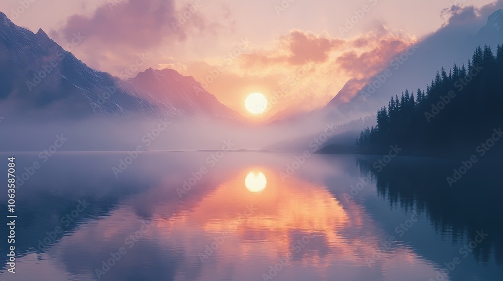 Experience the serenity of a tranquil sunrise over a misty lake with rising fog Experience the serenity of a tranquil sunrise over a misty lake with rising fog