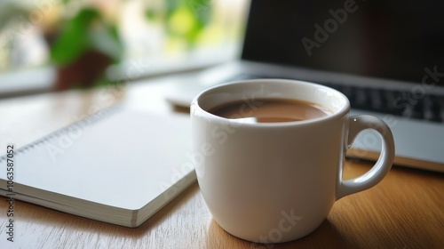 Wallpaper Mural Explore the serenity of minimalist coffee moments with a notebook on a wooden desk Torontodigital.ca