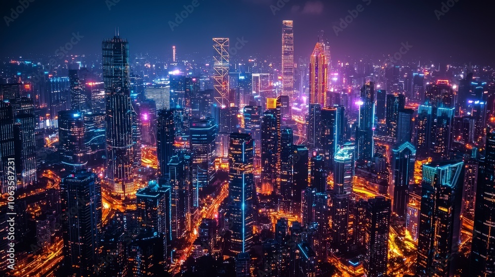 A stunning nighttime cityscape featuring colorful illuminated towers, capturing the vibrant and energetic essence of a modern urban metropolis under a starry sky. A stunning nighttime cityscape featuring colorful illuminated towers, capturing the vibrant and energetic essence of a modern urban metropolis under a starry sky.