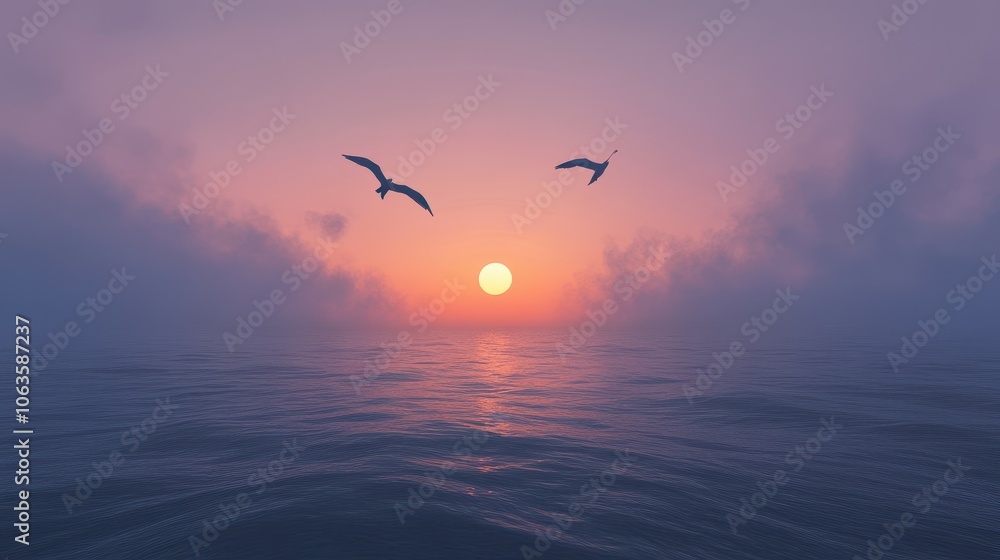Naklejka premium Capture the serene beauty of dusk with silhouettes of birds flying over the ocean