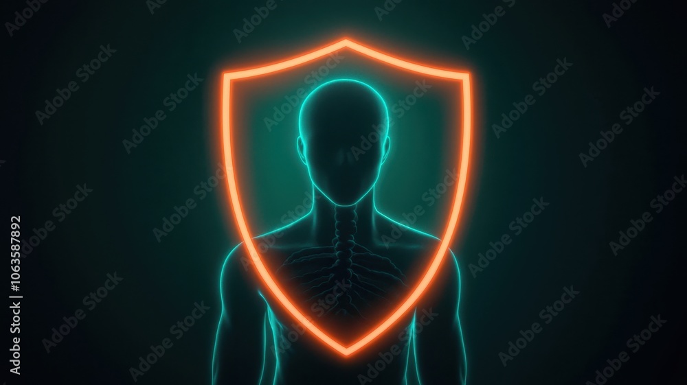 A glowing outline of a human figure with a protective shield symbol, representing security, defense, or personal safety. A glowing outline of a human figure with a protective shield symbol, representing security, defense, or personal safety.