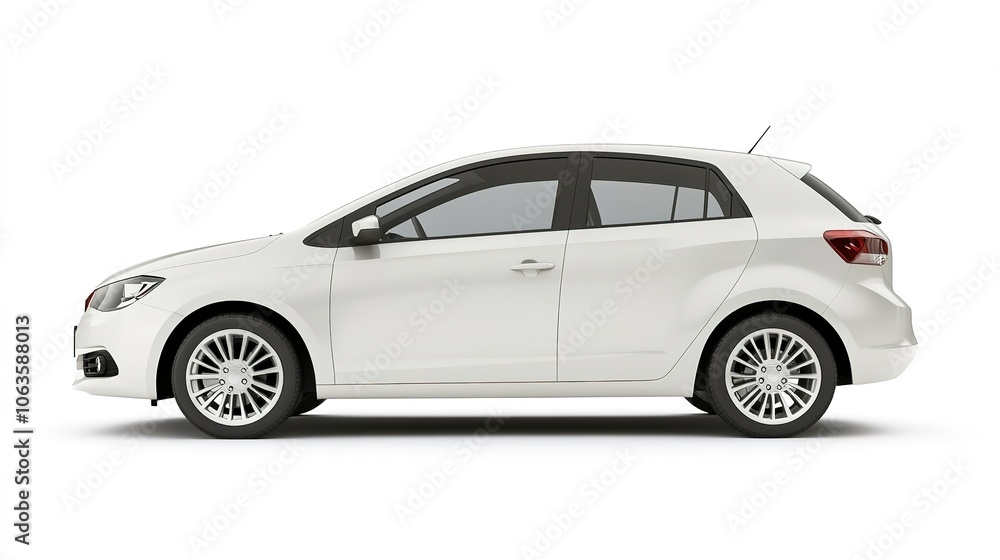 Modern white hatchback car on a white background, side view. Modern white hatchback car on a white background, side view.