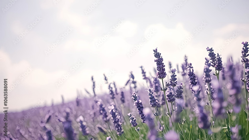 Obraz premium A field of lavender blooms bathed in soft, ethereal light, a canvas of delicate purple hues against a backdrop of wispy clouds.