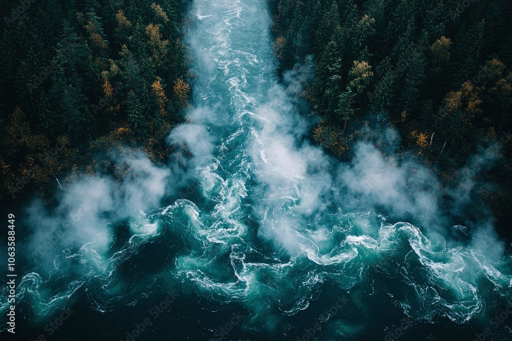 Aerial View of a River with Mist and Forested Banks Aerial View of a River with Mist and Forested Banks