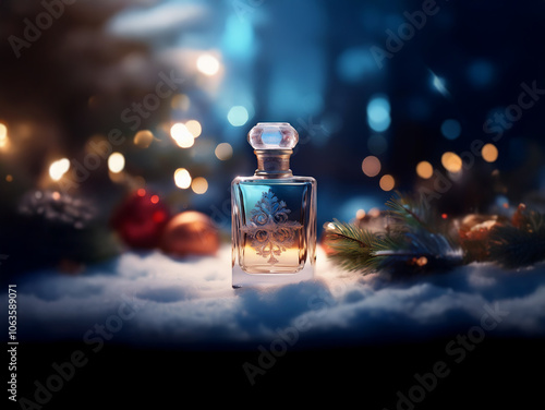 A glass bottle of perfume sits on a bed of white snow.  Christmas lights and ornaments blur in the background.