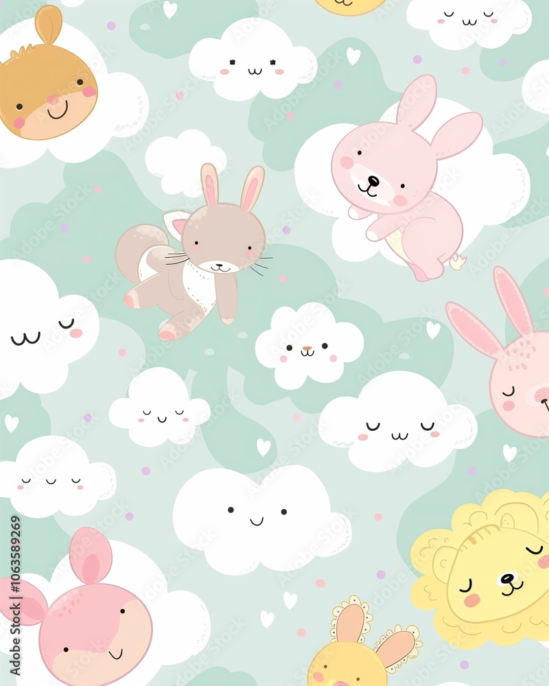 Cute background with playful cartoon animals and pastel-colored clouds, with plenty of empty space for captions or other content Cute background with playful cartoon animals and pastel-colored clouds, with plenty of empty space for captions or other content