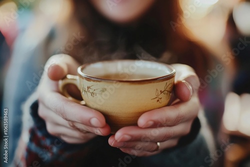 Hands extend forward with a steaming, ornately designed coffee cup, suggesting an offering of warmth and hospitality in a cozy environment. Vintage pattern adds charm. photo