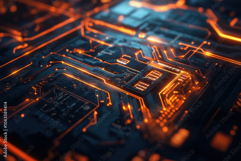 Glowing Orange Circuit Board with Detailed Lines and Chips Glowing Orange Circuit Board with Detailed Lines and Chips