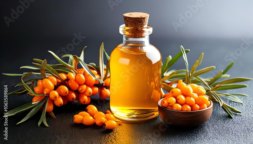 Sea buckthorn stone fruit with sea buckthorn juice and sea buckthorn oil in glass jars, healthy natural vitamin C