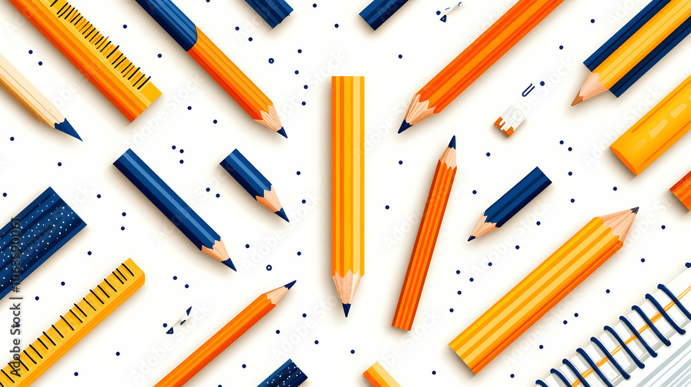 Yellow and blue pencils, rulers, eraser, and notebook on a white background.