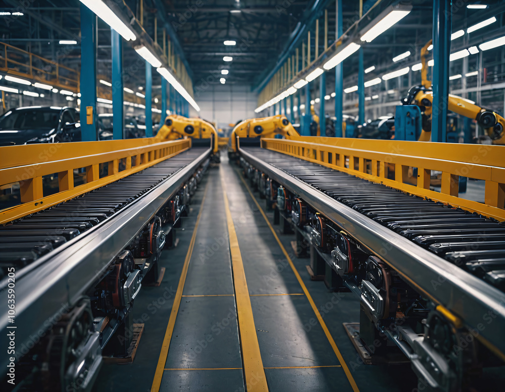 Conveyor at a car factory, robots collect cars. Conveyor at a car factory, robots collect cars.