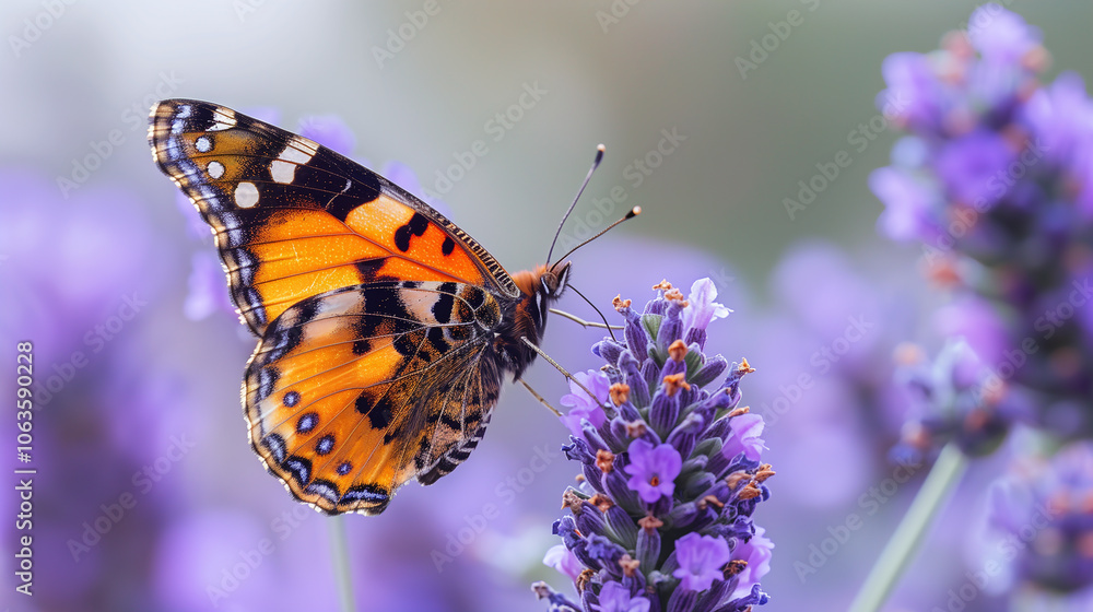 Butterfly perched on lavender flowers with soft lighting Butterfly perched on lavender flowers with soft lighting