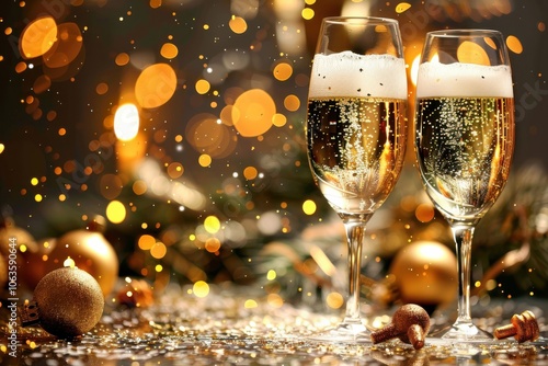 Two champagne glasses filled with bubbly, surrounded by golden sparkles and festive decor, evoking celebration and luxury.