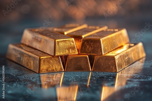 Wallpaper Mural A close-up of neatly stacked gold bars on a reflective surface, symbolizing wealth, luxury, and financial stability. Torontodigital.ca