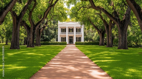 Grand mansion with massive trees surrounding, lush garden, timeless traditional look