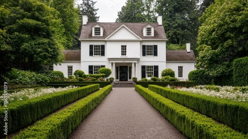 Grand mansion with massive trees surrounding, lush garden, timeless traditional look