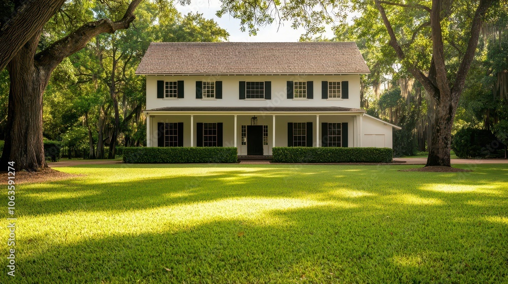 Spacious exterior of a colonial house with old oak trees, charming countryside landscape Spacious exterior of a colonial house with old oak trees, charming countryside landscape