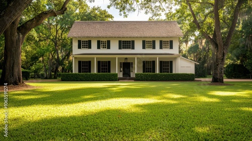 Spacious exterior of a colonial house with old oak trees, charming countryside landscape