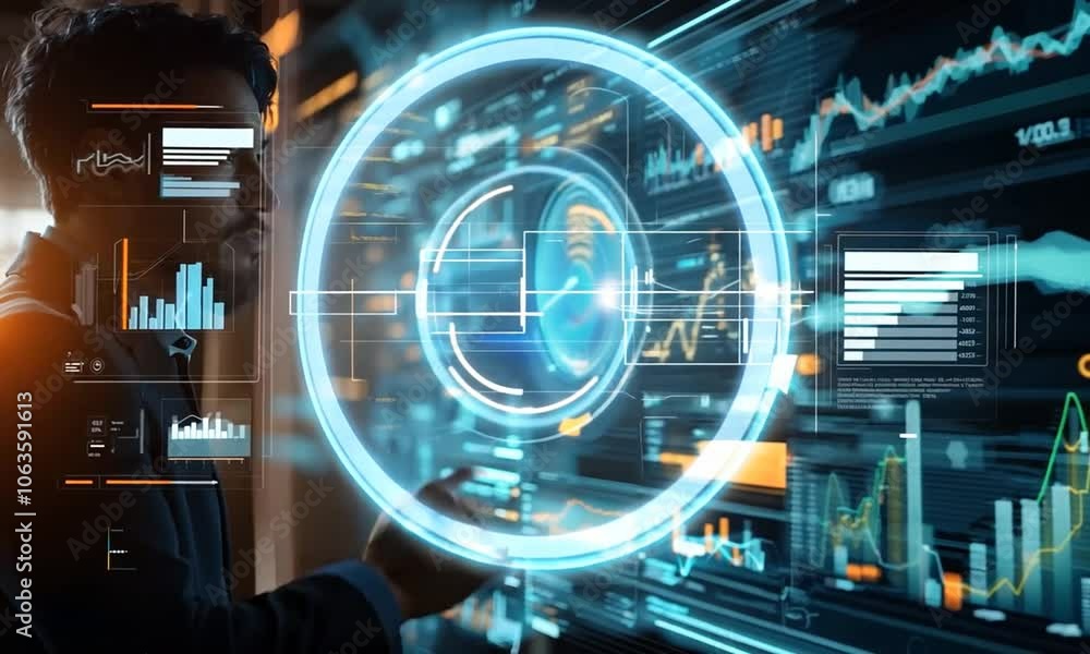 A person interacting with a digital data interface displaying analytics. A person interacting with a digital data interface displaying analytics.