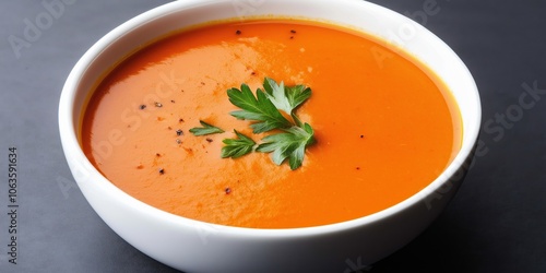 A bowl of soup with a green herb on top. The soup is red and the bowl is white