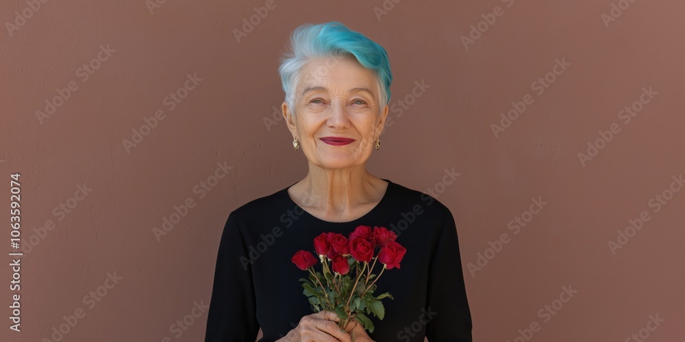 A woman with blue hair and red roses in her hand. She is smiling and looking at the camera