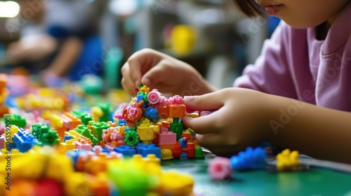 A girl is playing with a pile of colorful blocks