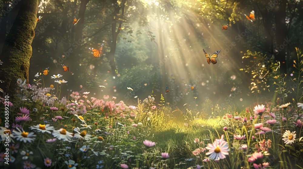 A serene forest clearing with wildflowers and butterflies, soft sunlight casting a warm glow, ultra-high-definition textures and fine details. A serene forest clearing with wildflowers and butterflies, soft sunlight casting a warm glow, ultra-high-definition textures and fine details.