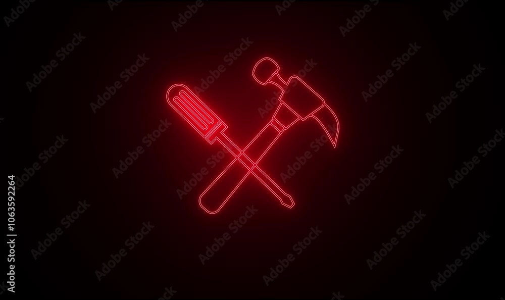Glowing neon Crossed screwdriver and hammer icon isolated on black background. Hardware tools. Glowing neon Crossed screwdriver and hammer icon isolated on black background. Hardware tools.