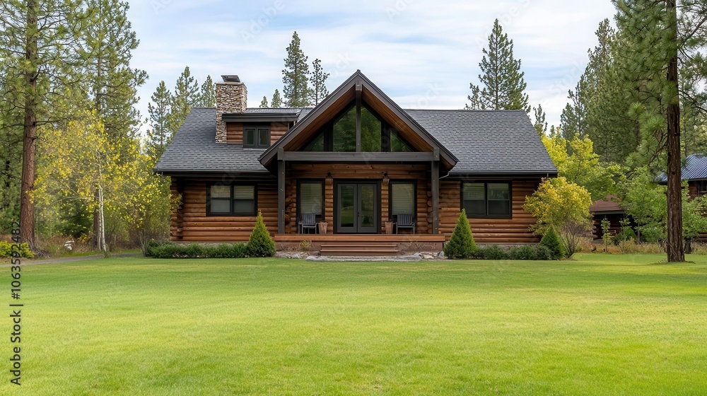 Large pine trees around a rustic log cabin, open yard, natural and inviting setting Large pine trees around a rustic log cabin, open yard, natural and inviting setting