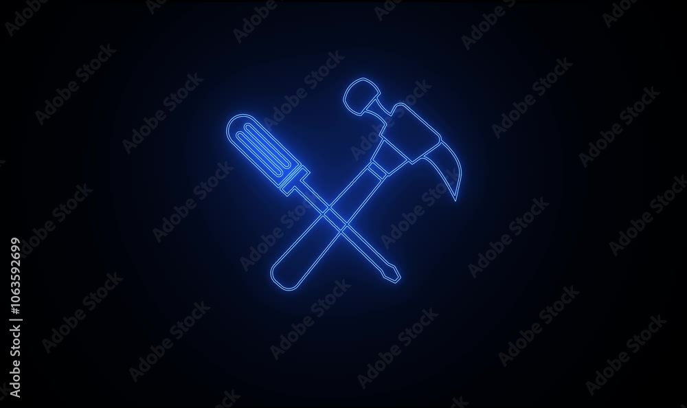 Glowing neon Crossed screwdriver and hammer icon isolated on black background. Hardware tools. Glowing neon Crossed screwdriver and hammer icon isolated on black background. Hardware tools.